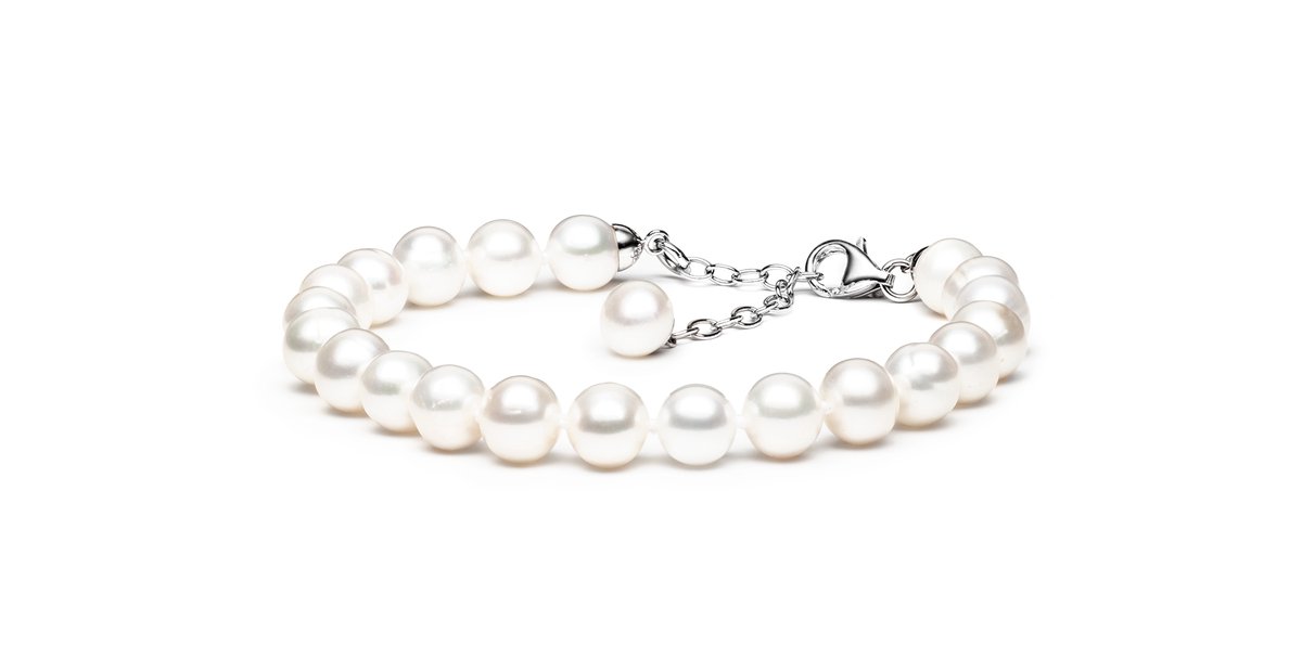 Gaura - Parelarmband – Lengte 19 cm – Witte ronde gekweekte zoetwaterparels 7,5–8 mm – 925 zilver met rhodium vergulde ketting en sluiting