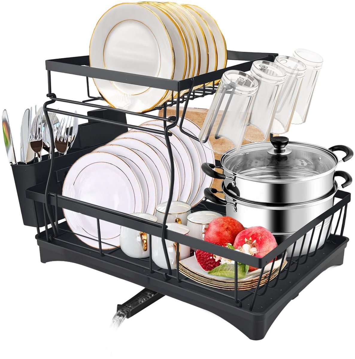 Azomor® Dubbeldeks multifunctioneel afdruiprek met draaibare afvoer voor keuken