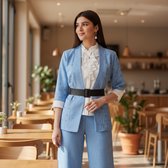 Koningsblauw broekpak formeel voor lange vrouwen, kantoorkernlook, blauw 3-delig broekpak met palazzobroek, crop top en oversized blazer - België