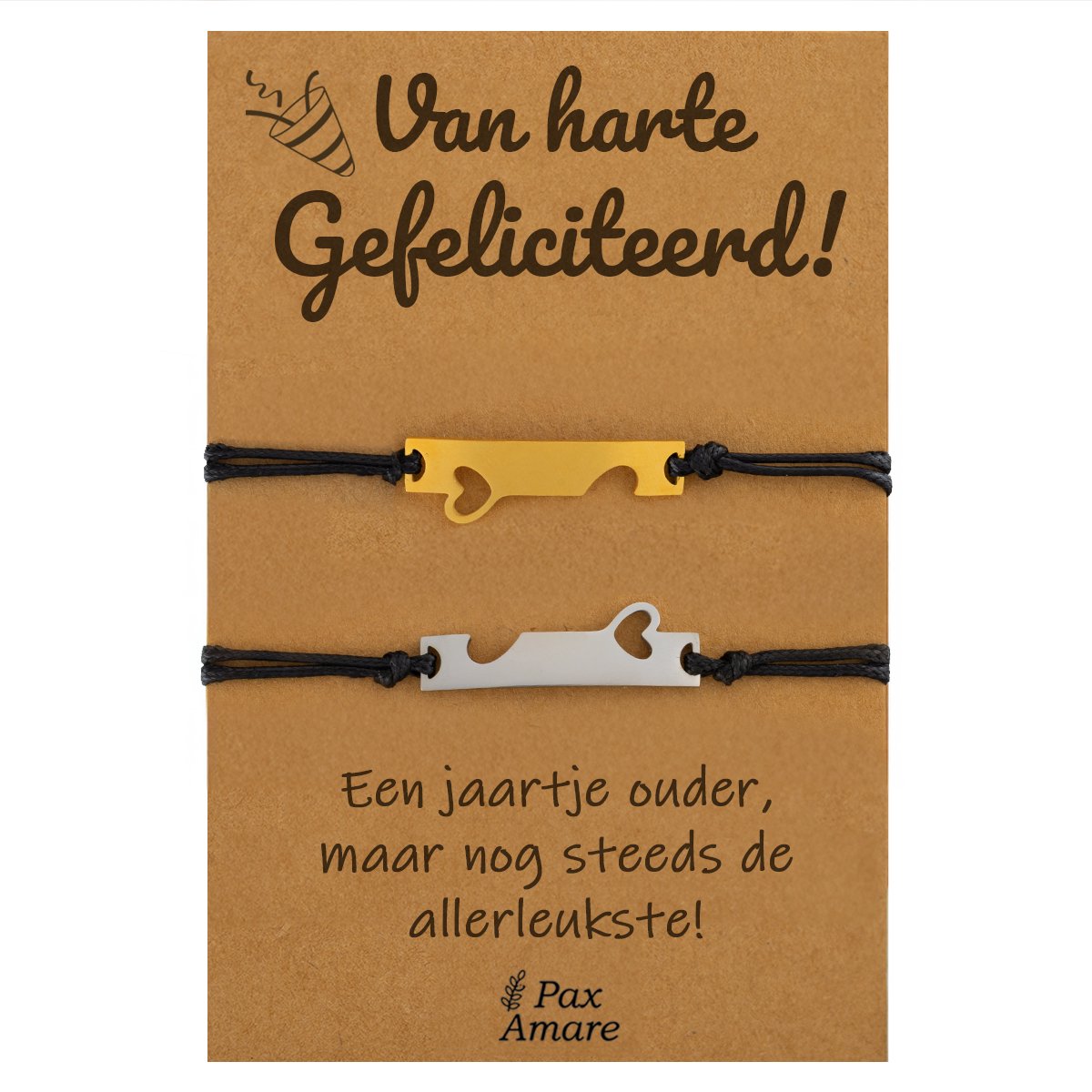 Vriendschapsarmbandjes voor 2 "Van Harte Gefeliciteerd" - Aangesloten Hartjes - BFF Armbandjes met Verjaardags Cadeau Kaartje - Zilverkleurig & Goudkleurig - Elastisch Verstelbaar - Pax Amare