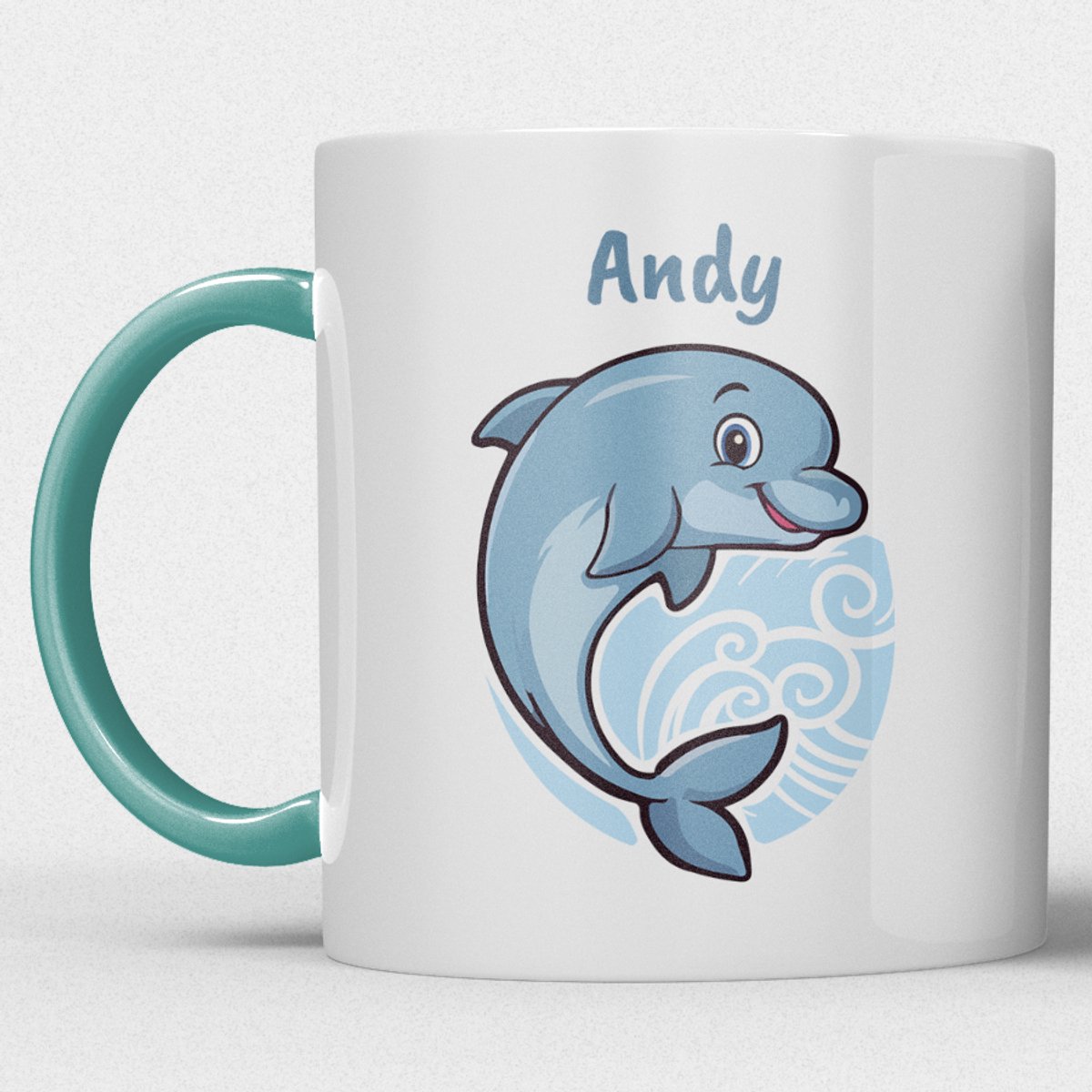 kindermok/kinderbeker | gepersonaliseerd met naam | met dolfijn | zeegroen blauw | Schattige illustraties