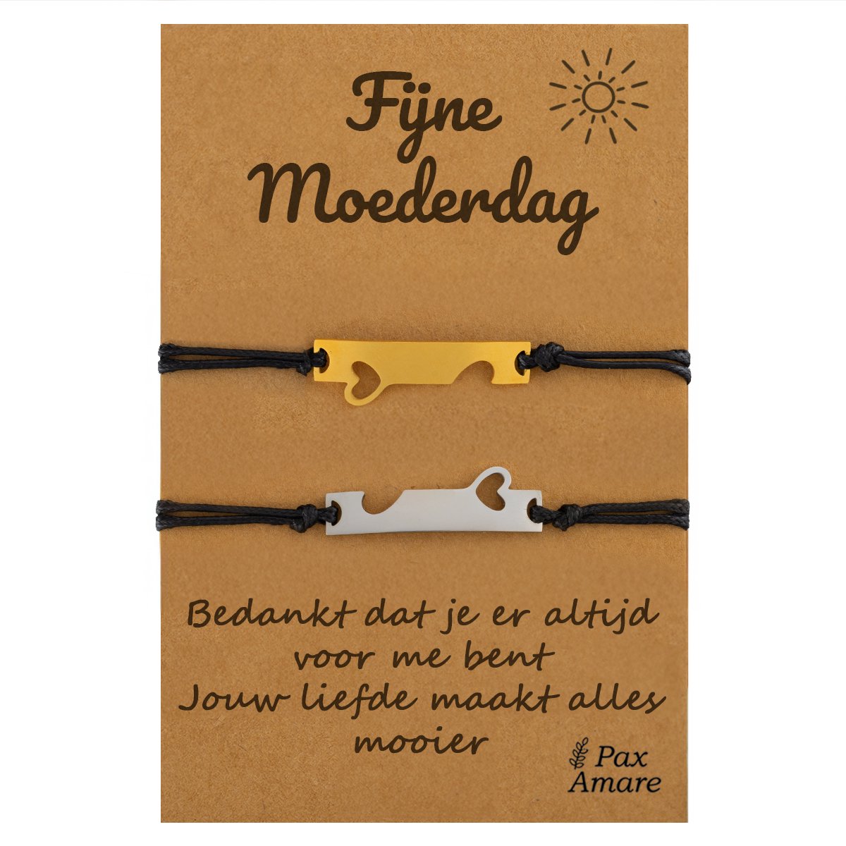 Moeder Dochter Armbandjes voor 2 "Fijne Moederdag" - Aangesloten Hartjes - Moeder Kind Armbandjes met Persoonlijk Cadeau Kaartje voor mama - Zilverkleurig & Goudkleurig - Elastisch Verstelbaar - Pax Amare