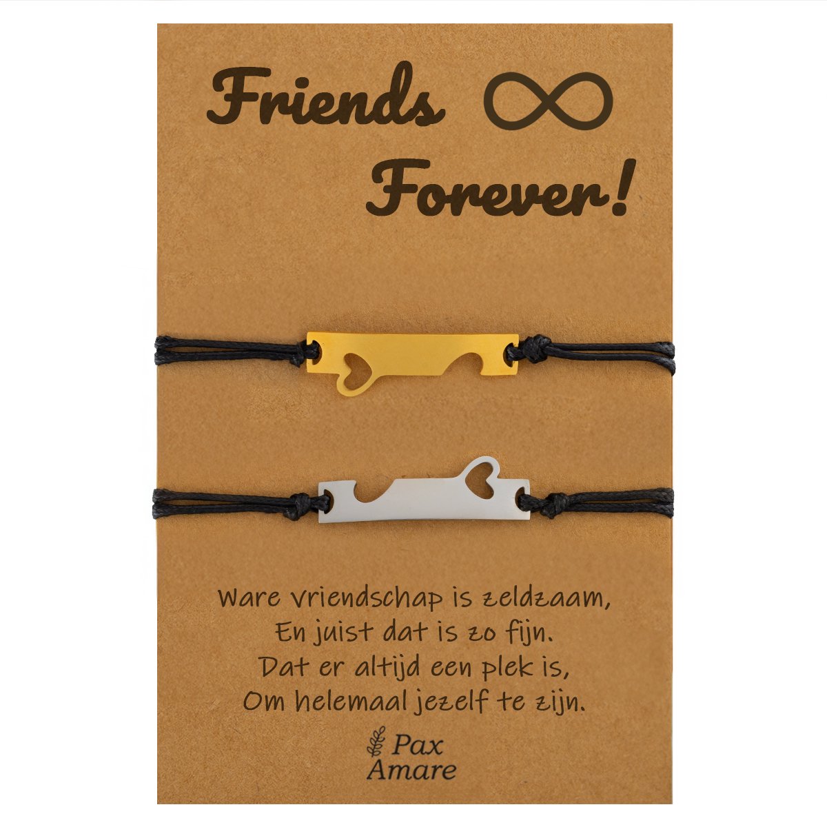 Vriendschapsarmbandjes voor 2 " Friends Forever ∞" - Aansluitende Hartjes - BFF Armbandjes met Persoonlijk Cadeau Kaartje - Zilverkleurig & Goudkleurig - Elastisch Verstelbaar - Pax Amare