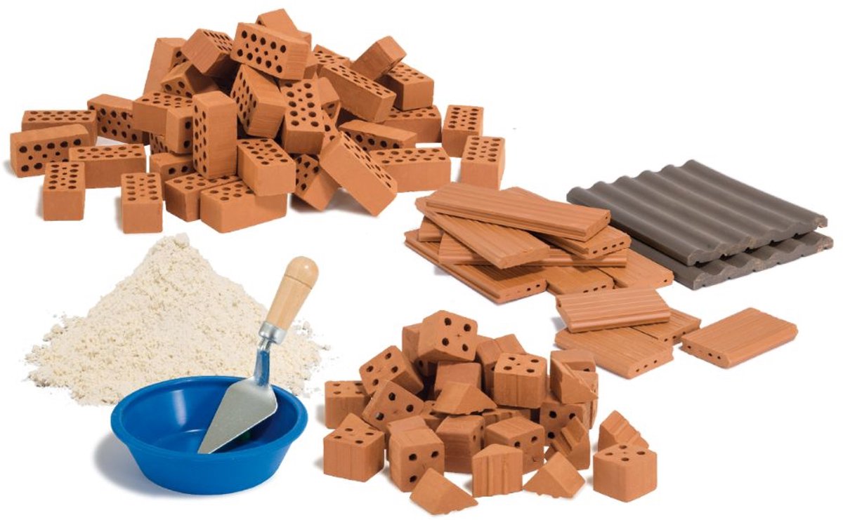 Teifoc® Bouwdoos – Accessoires Set – 100 onderdelen – Echte mini Bakstenen met Cement, Kom en Troffel – Aanvulset voor bouwsets – Vanaf 6 Jaar