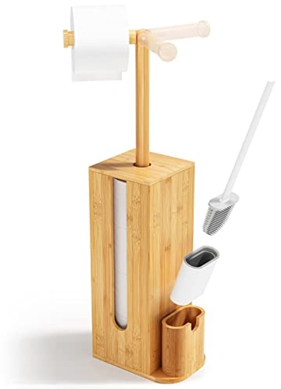 Rainsworth Standing Toilet Roll Holder with Toilet Brush - 3-in-1 Bamboo Toilet Set with Toilet Paper Holder and Storage, Toilet Paper Holder with