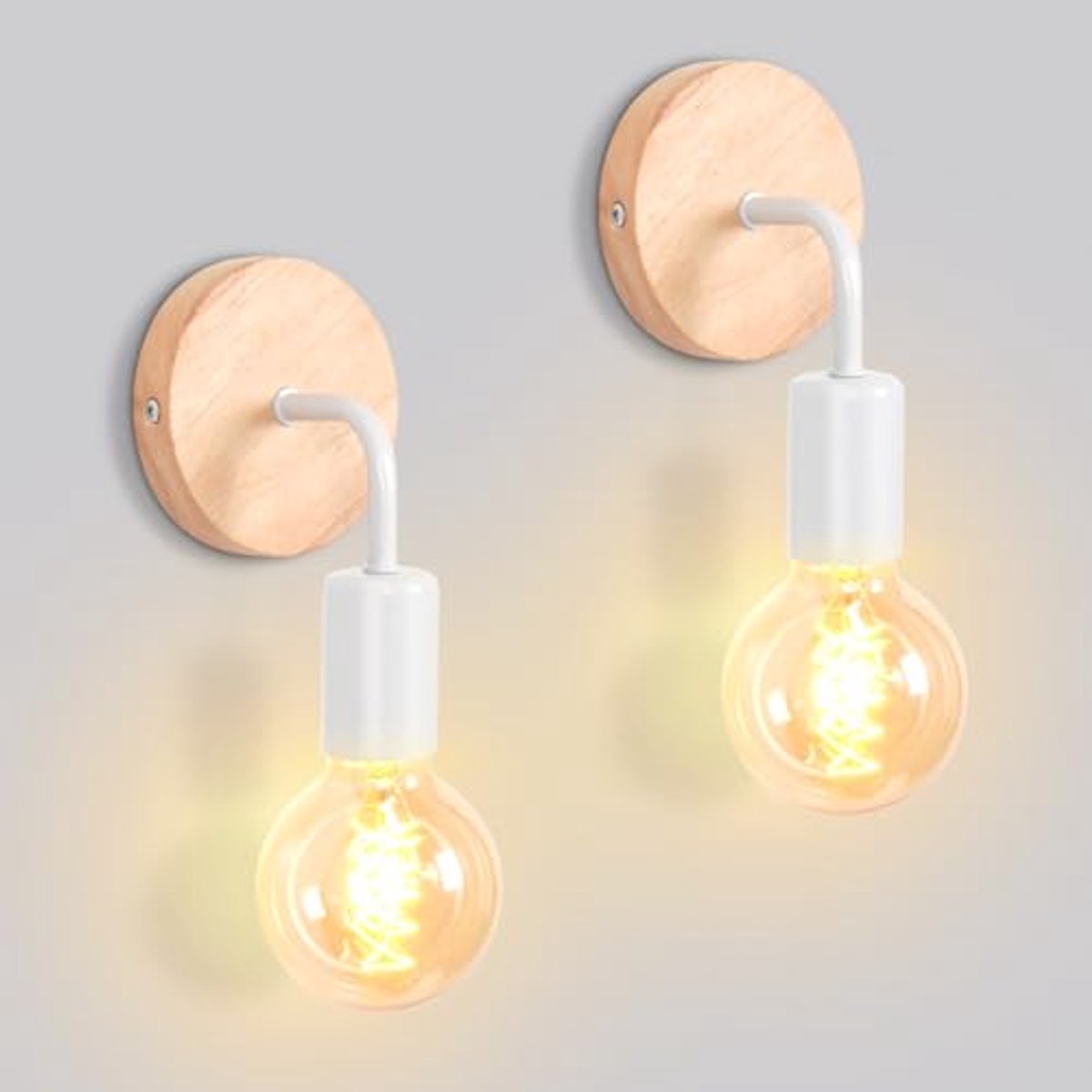 Set van 2 Wandlampen voor Binnen - Minimalistisch Design van Metaal en Hout - E27 Fitting Geschikt voor Slaapkamer en Badkamer