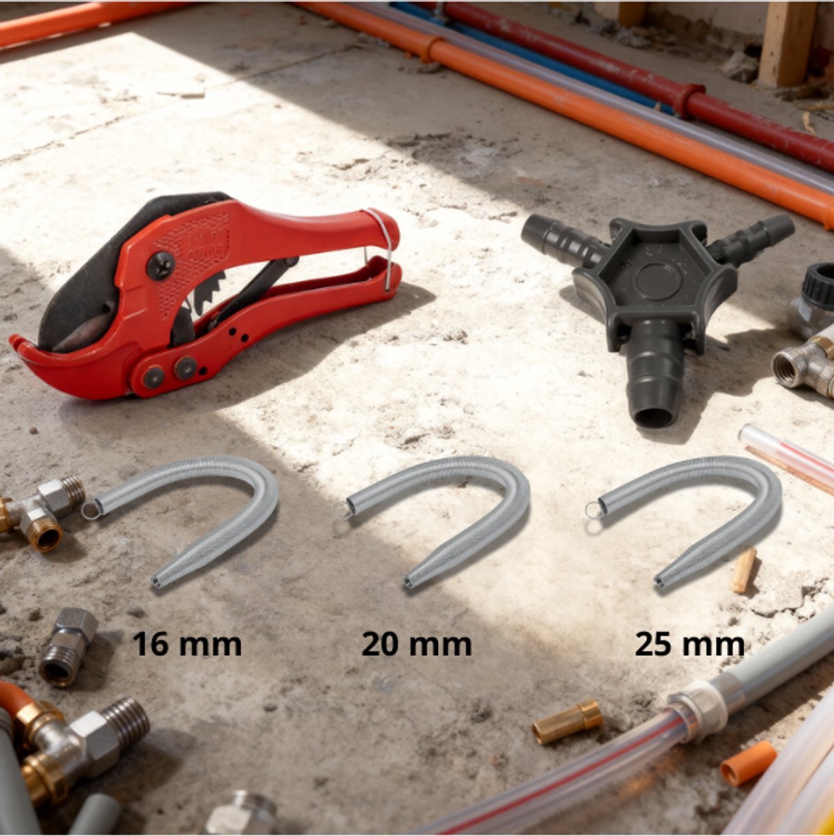 Diamond PEX Montage Set – Kalibrator 16/20/25 mm, Buizensnijder 16–32 mm & Inwendige Buigveer 16/20/25 mm