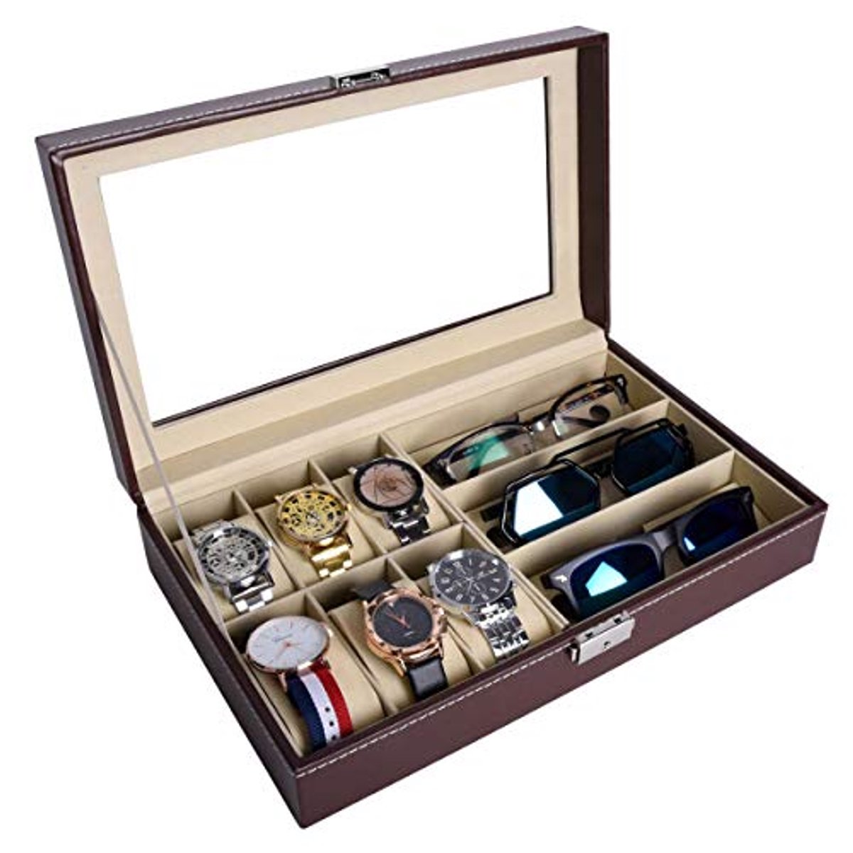Sieraden- en horlogedoos voor 6 horloges en 3 brillen met glazen venster en metalen slot