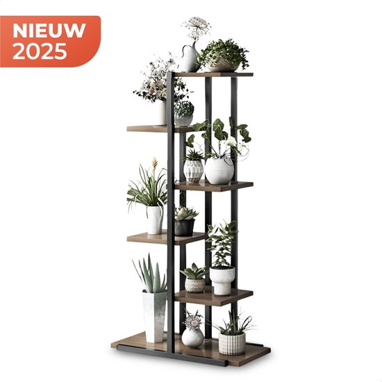 Bloemenstandaard – Metalen Plantenrek met 6 Houten Planken – Duurzaam & Stabiel – Geschikt voor Binnen & Buiten – Modern Design voor Kamerplanten, Tuin & Terras