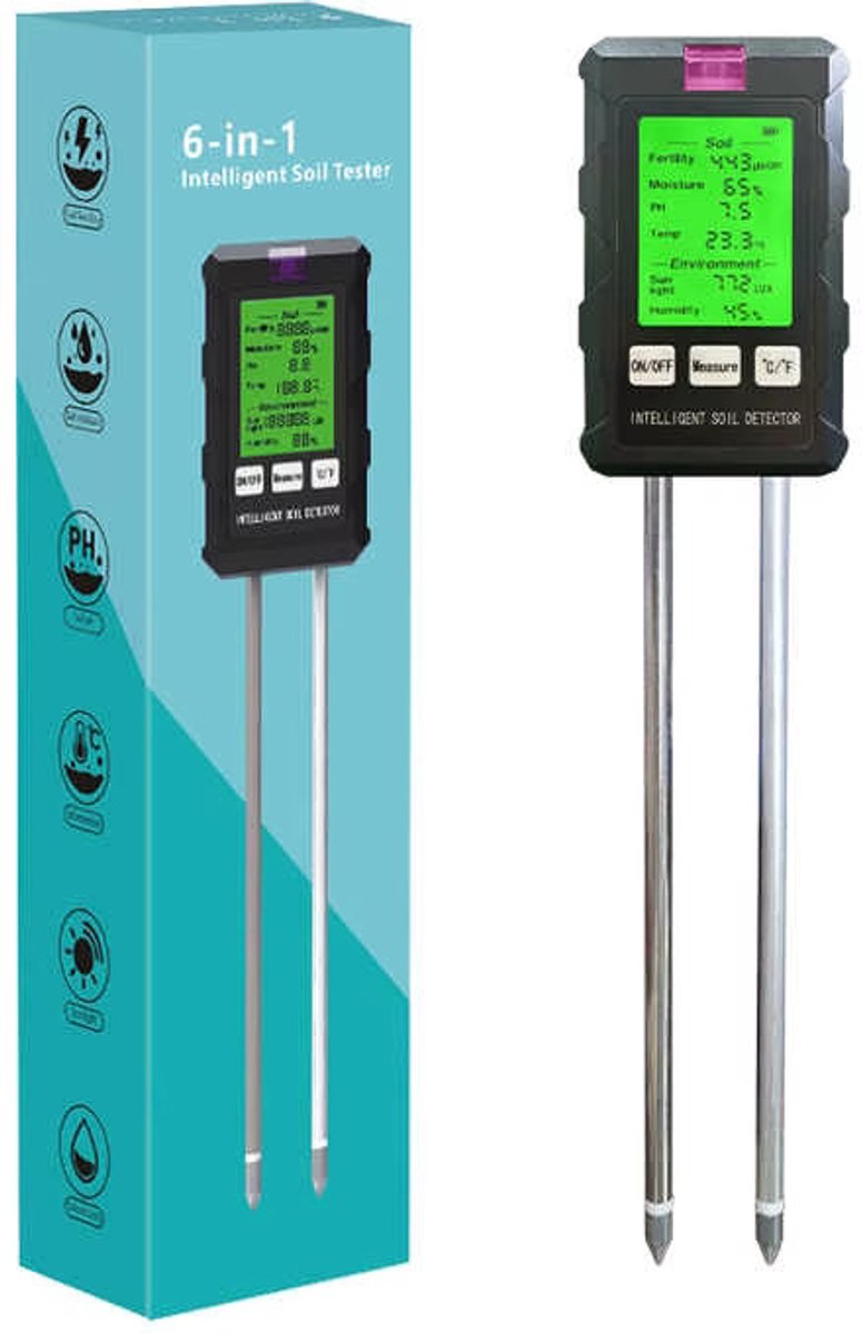 6-in-1 Bodem & Plantentester met LCD – pH/Vocht/Temp/Licht/Humidity/Vruchtbaarheid - Accurate Meting