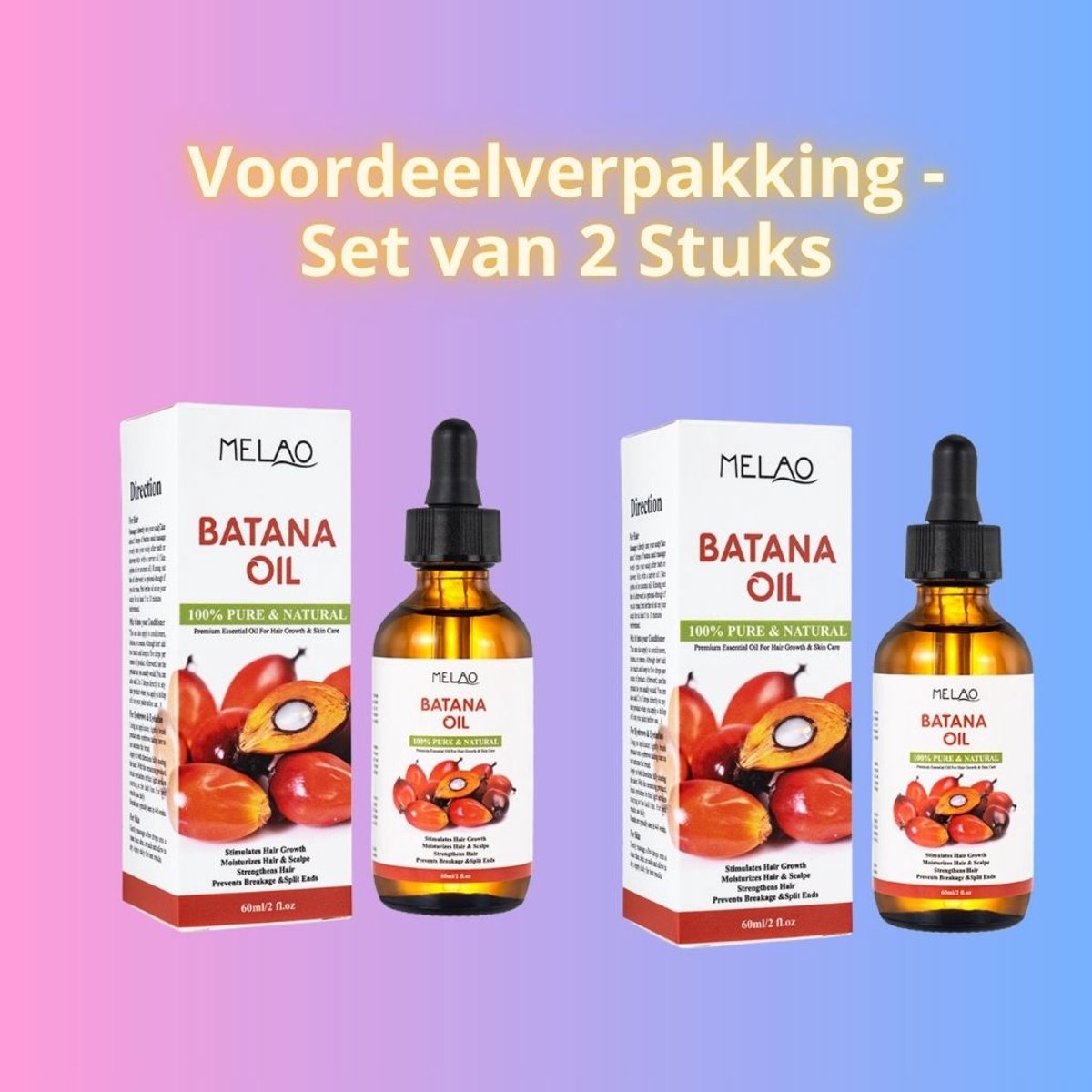 Batana Olie Haargroei 100% puur – 2 Stuks in de Verpakking - Stimuleert Haargroei & Herstelt Haaruitval – 60 ml Pipetfles - Wenkbrauw & Wimperserum – 100% natuurlijk - Duopack
