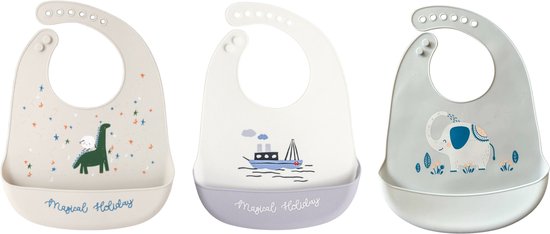 Lot de 3 bavoirs en Siliconen gris - Bavoir en Siliconen - Bavoir Bébé - Bac de récupération - Sans BPA - Ajustable - Garçon