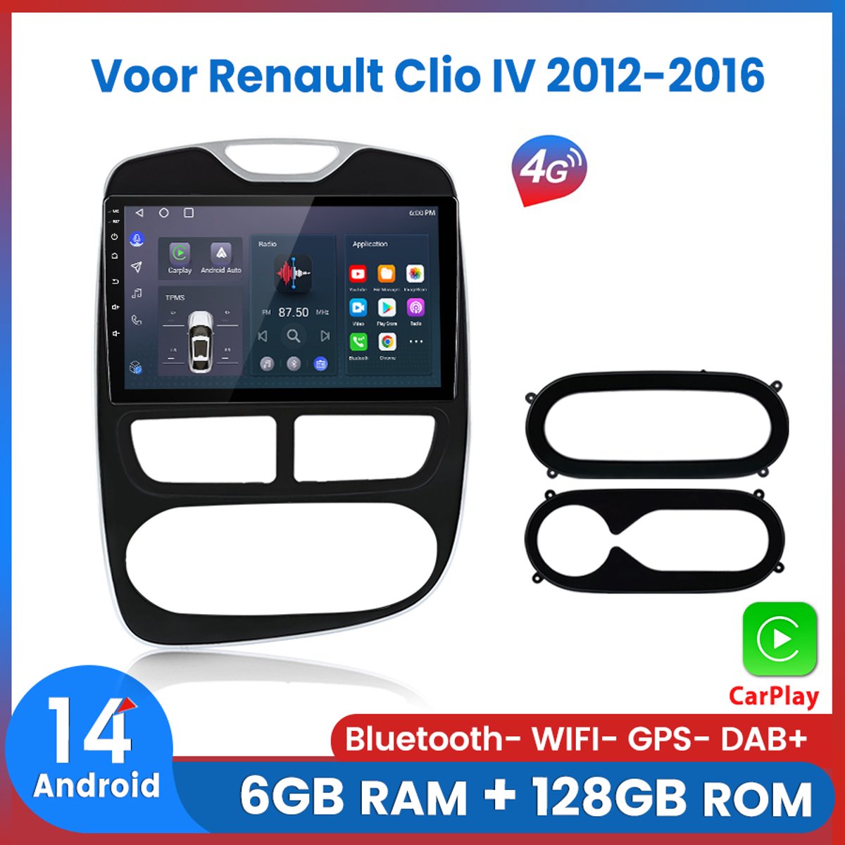 Awesafe Carplay Autoradio Geschikt voor Renault Clio 4 2012-2016 - Android 14 - Draadloos Apple Carplay & Android Auto - 6GB + 128GB - 8-Core processor - Bluetooth & Wifi - GPS Navigatie
