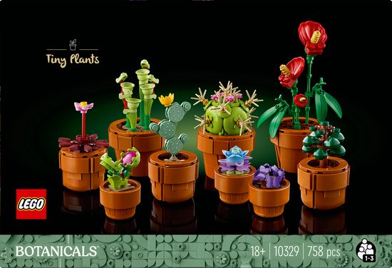 LEGO Tiny Plants set met negen plantjes in terracotta potjes, waaronder een cactus, orchidee en tropische bloemen.