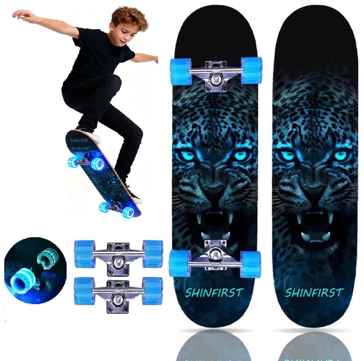 Shinfirst Professioneel skateboard -met dubbelzijdig patroon- Verbreed en vergroot wielen met LED-verlichting-voor volwassenen jongeren kinderen beginners-7 lagen Canadese esdoorn double kick board-concaaf trick skateboard-zwarte Panter