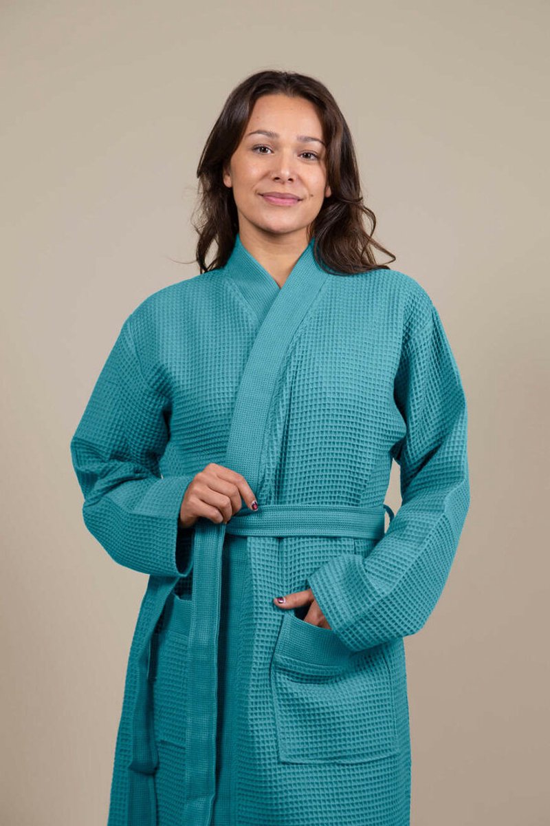 Sauna Wafel Badjas Dames – Cozylion – 100% Duurzaam Katoen – Oeko-Tex – Groen – Kimono Stijl – Wafel Badjassen Vrouwen – Sauna & Wellness Ochtendjas voor Vrouw