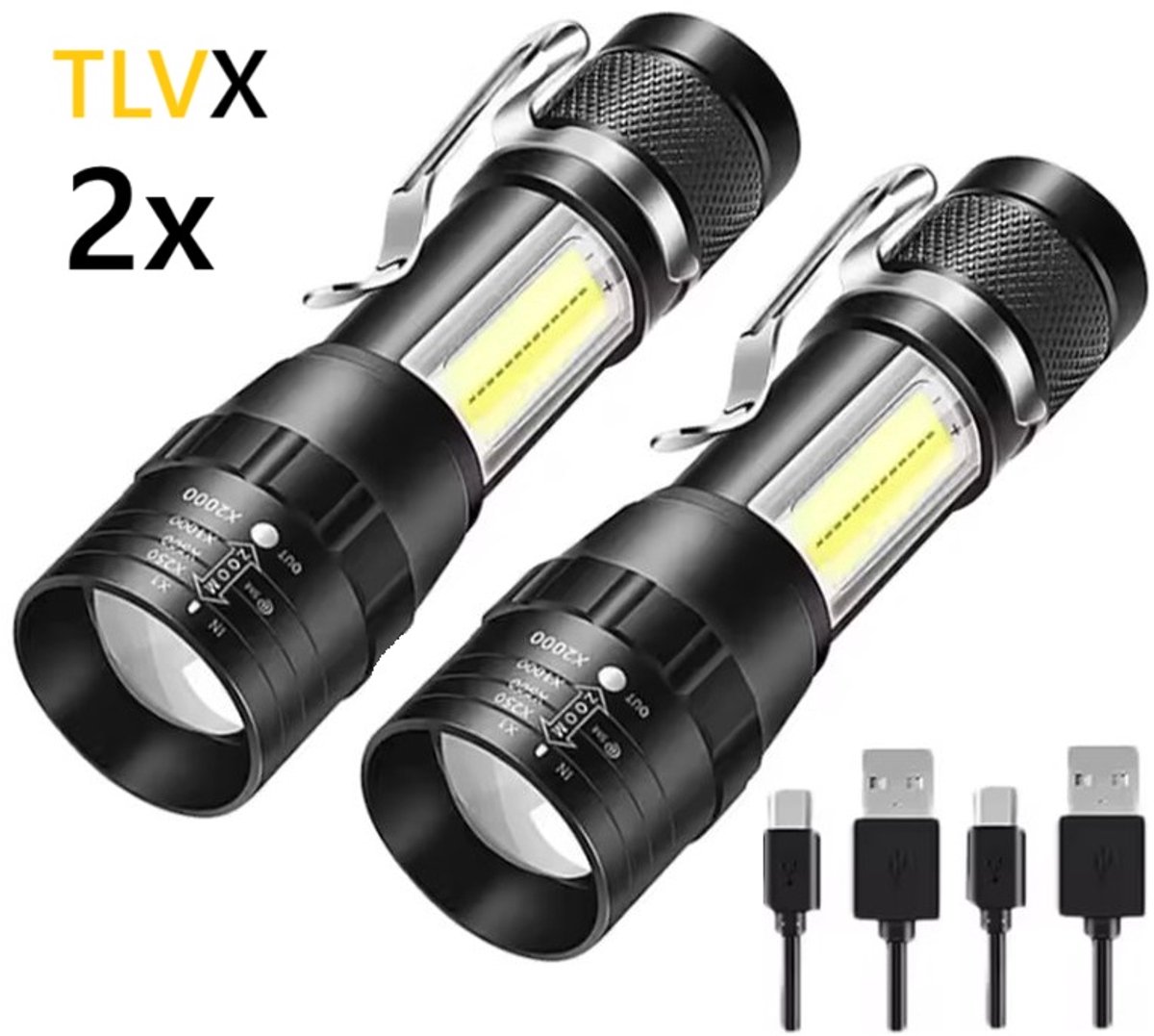 TLVX 2 stuks Felle Mini Zaklamp LED 1600 Lumen Oplaadbaar – 10W Sterke en Uitschuifbare Kleine Militaire Accu Zaklamp – Zoomfunctie – Spat Waterdicht – Voor Kinderen en Volwassenen – Scouting – Bos – Vakantie Camping – Veilig – Survivallen – Compact