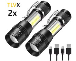 TLVX 2 stuks Felle Mini Zaklamp LED 1600 Lumen Oplaadbaar – 10W Sterke en Uitschuifbare Kleine Militaire Accu Zaklamp – Zoomfunctie – Spat Waterdicht – Voor Kinderen en Volwassenen – Scouting – Bos – Vakantie Camping – Veilig – Survivallen – Compact