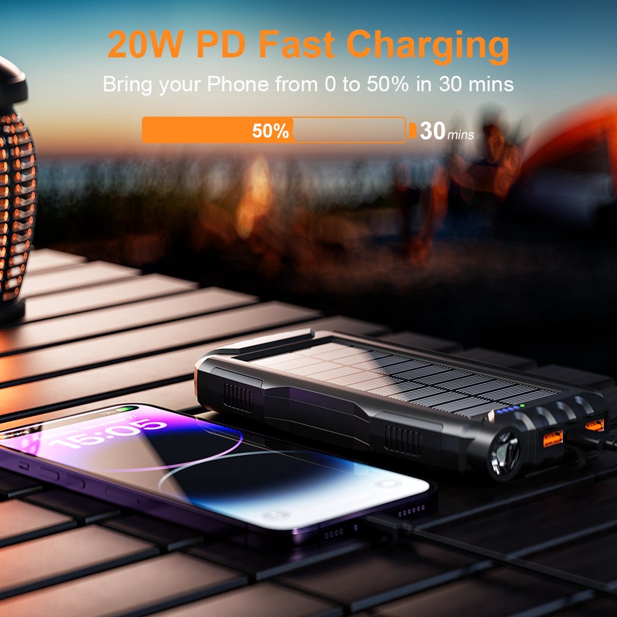 Sounix Powerbank 30000 mAh Zwart met Zonne-energie - afbeelding 3