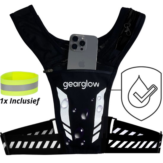 Gilet de course réfléchissant GearGlow avec support de téléphone étanche - Espace pour téléphone, clés, eau, cartes et plus - Comprend un porte-gobelet à l'arrière avec de la place pour un sac d'eau - Léger - Éclaire la course grâce à la réflexion