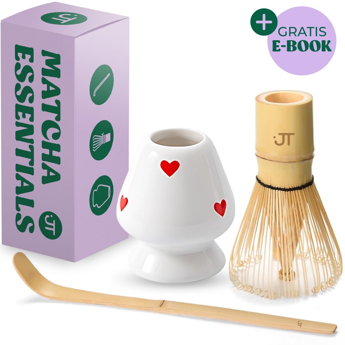 JT Products Matcha Klopper Set - Met EBook - Matcha Whisk - Matcha Garde - Matcha Gardehouder - Matcha Lepel - Matcha Starterkit - Matcha Accessoires - Cadeaupakket Vrouwen - Moederdag Cadeau - Cadeautje Voor Mama