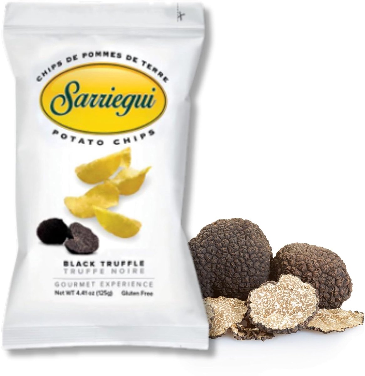 Sarriegui Potato Chips Black Truffle 5 x 125g – Luxe Spaanse aardappelchips met zwarte truffel | Dun gesneden, handgemaakt, glutenvrij | Premium snack uit San Sebastián, met olijfolie en delicate truffelaroma’s met Kajal Sticker