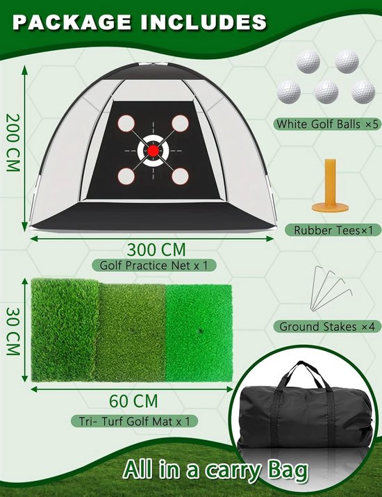 Golfoefennet (300x200cm) met target, mat, 5 ballen, 4 ground stakes, tees en draagtas.