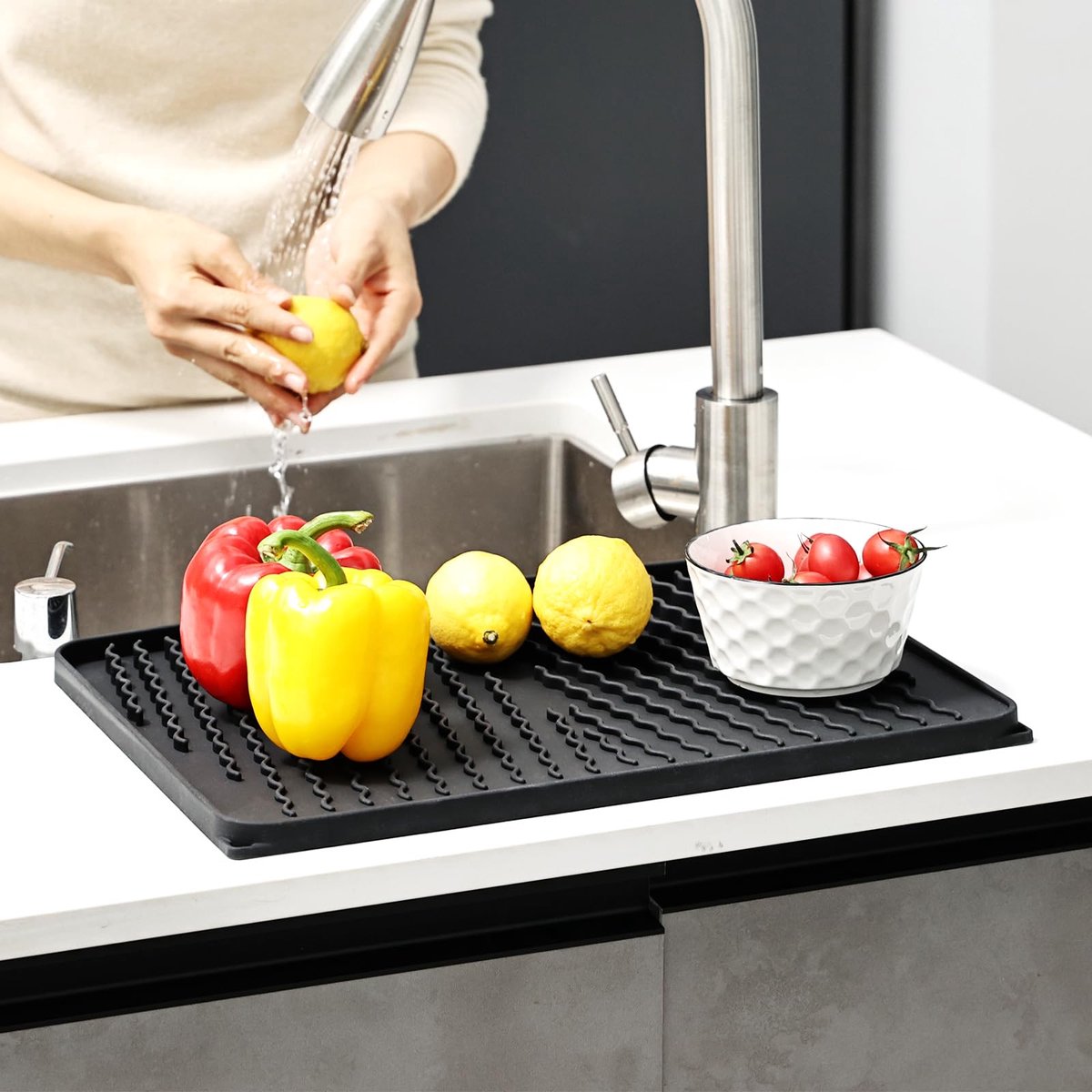 Ibenzoa® Zwarte siliconen afdruipmat voor sneldrogend servies met antislip functie