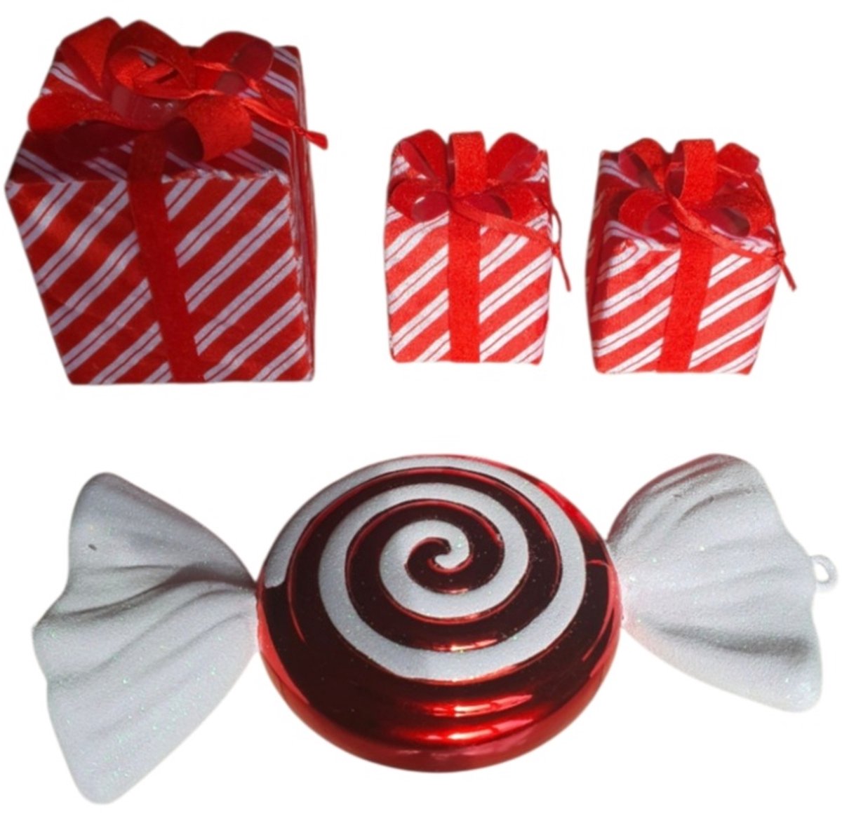 House of Seasons Kerst hanger Cadeau, Candy Snoep rood wit , Set van 4