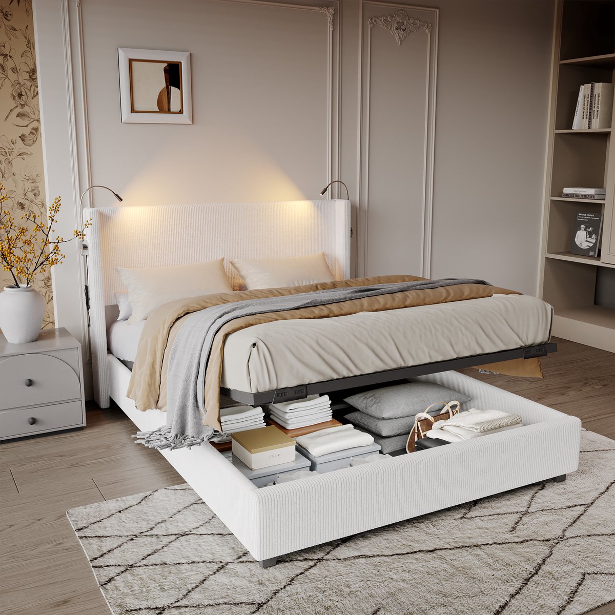 Tweepersoonsbed 140x200 cm wit corduroy met gasveer - Tweepersoonsbed - €249,09