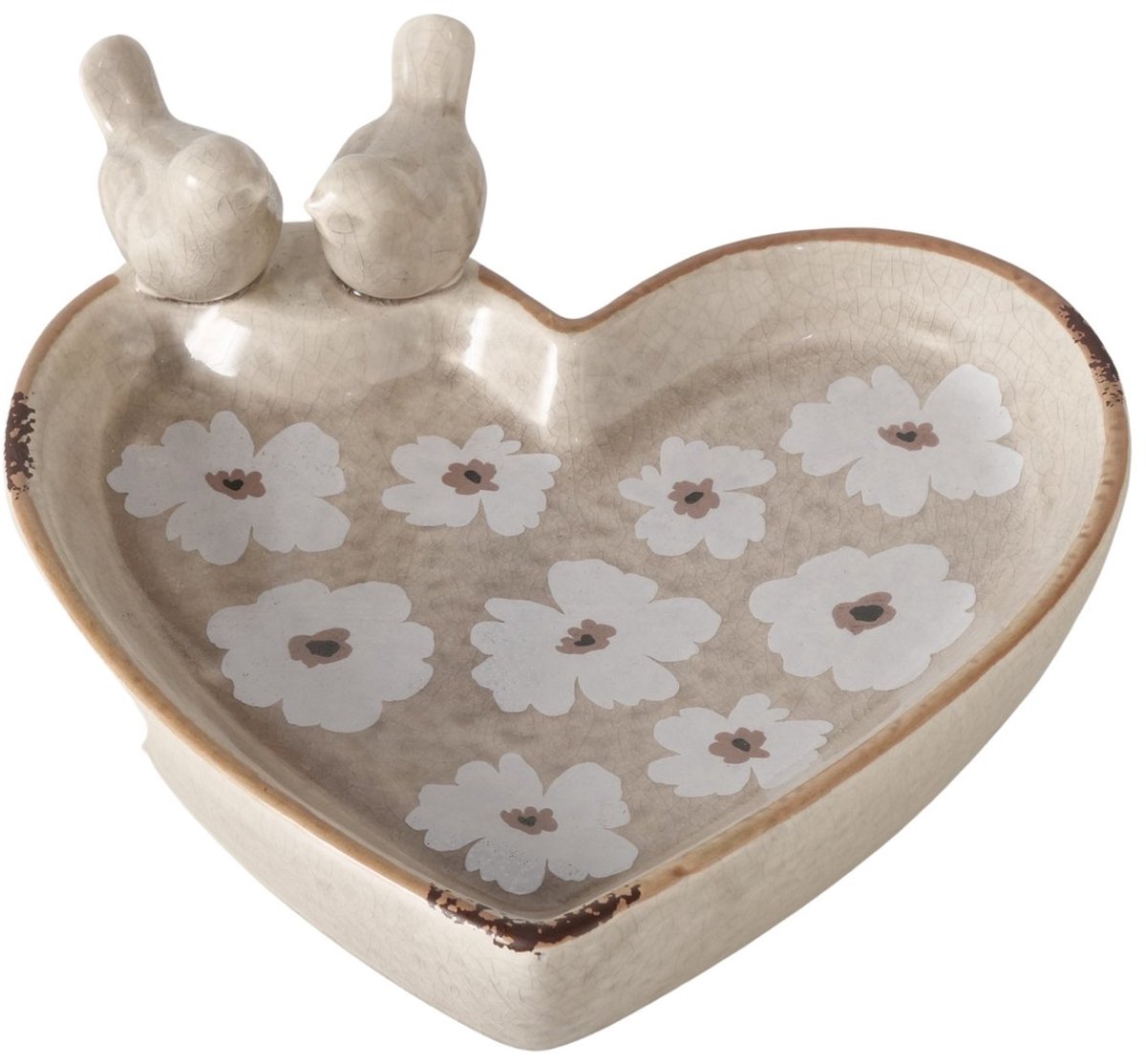 Vogelbadje van beige keramiek in hartvorm met bloemen type B