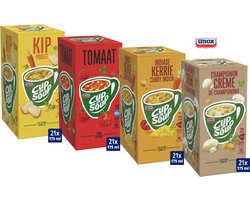 Cup-a-Soup 4-Pack 1x champignon creme, 1x kip, 1x tomaat, 1x Indiase kerrie. 84 porties van 175ml