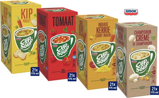 Cup-a-Soup 4-Pack 1x champignon creme, 1x kip, 1x tomaat, 1x Indiase kerrie. 84 porties van 175ml
