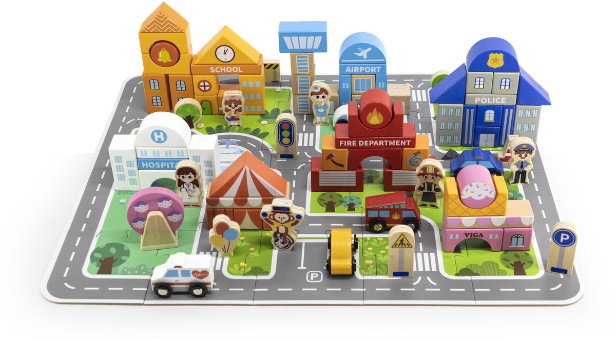 Viga Toys® Houten Set Stad Bouwstenen Board Beeldjes