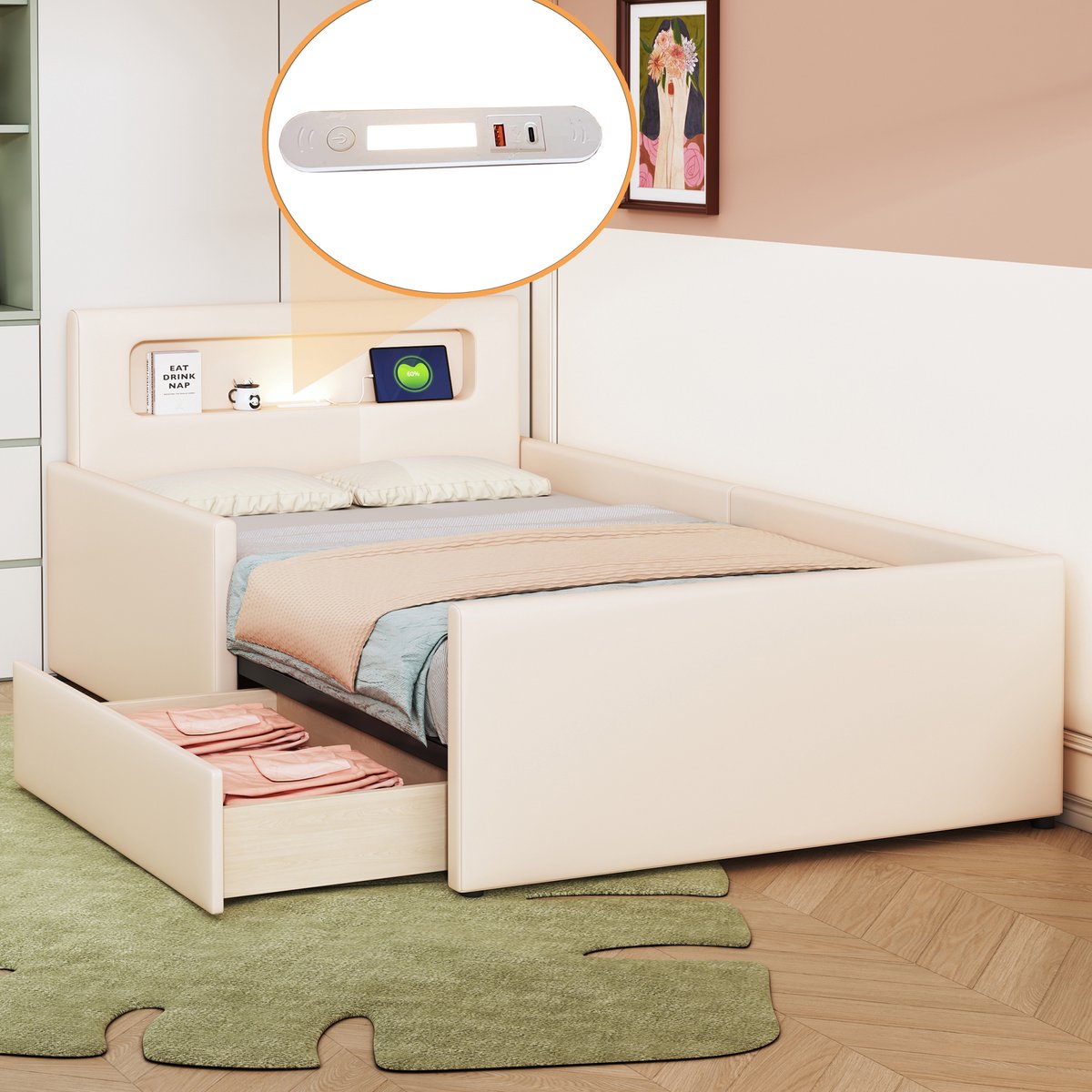 Merax Kinderbed 90x200 cm met verlichting en USB-oplaadpoort - met opbergruimte - Inclusief uitvalbeveiliging - beige - zonder matras