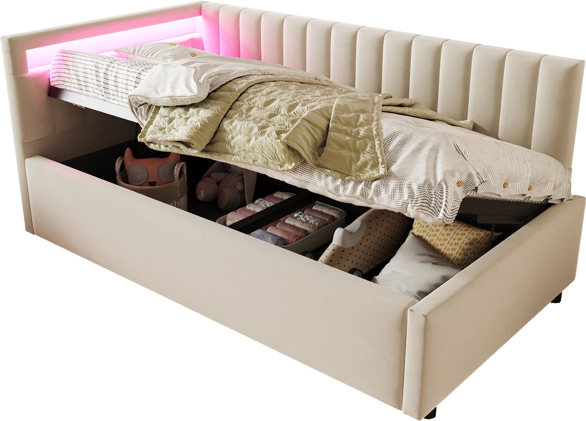 Merax Slaapbank 90x200cm met LED-verlichting en opbergruimte - verticale strepen - zijkant rugleuning verwisselbaar - beige - zonder matras