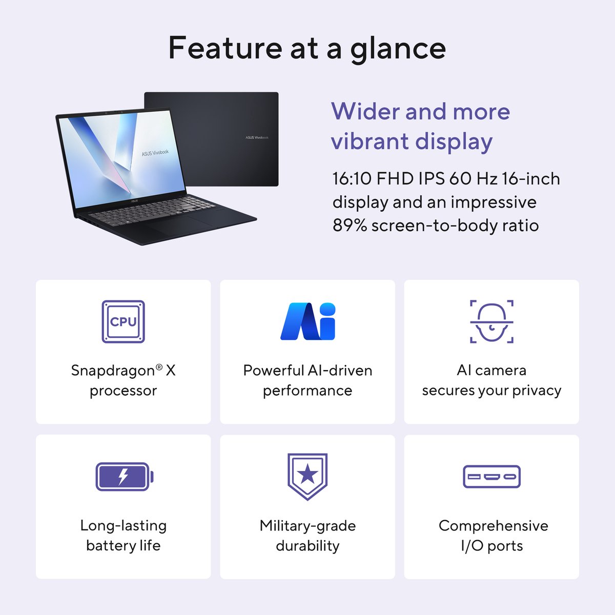 ASUS Vivobook 16 X1607QA-MB112W - Copilot+ Laptop - Snapdragon - 16GB/1000GB - 16 inch — afbeelding 3