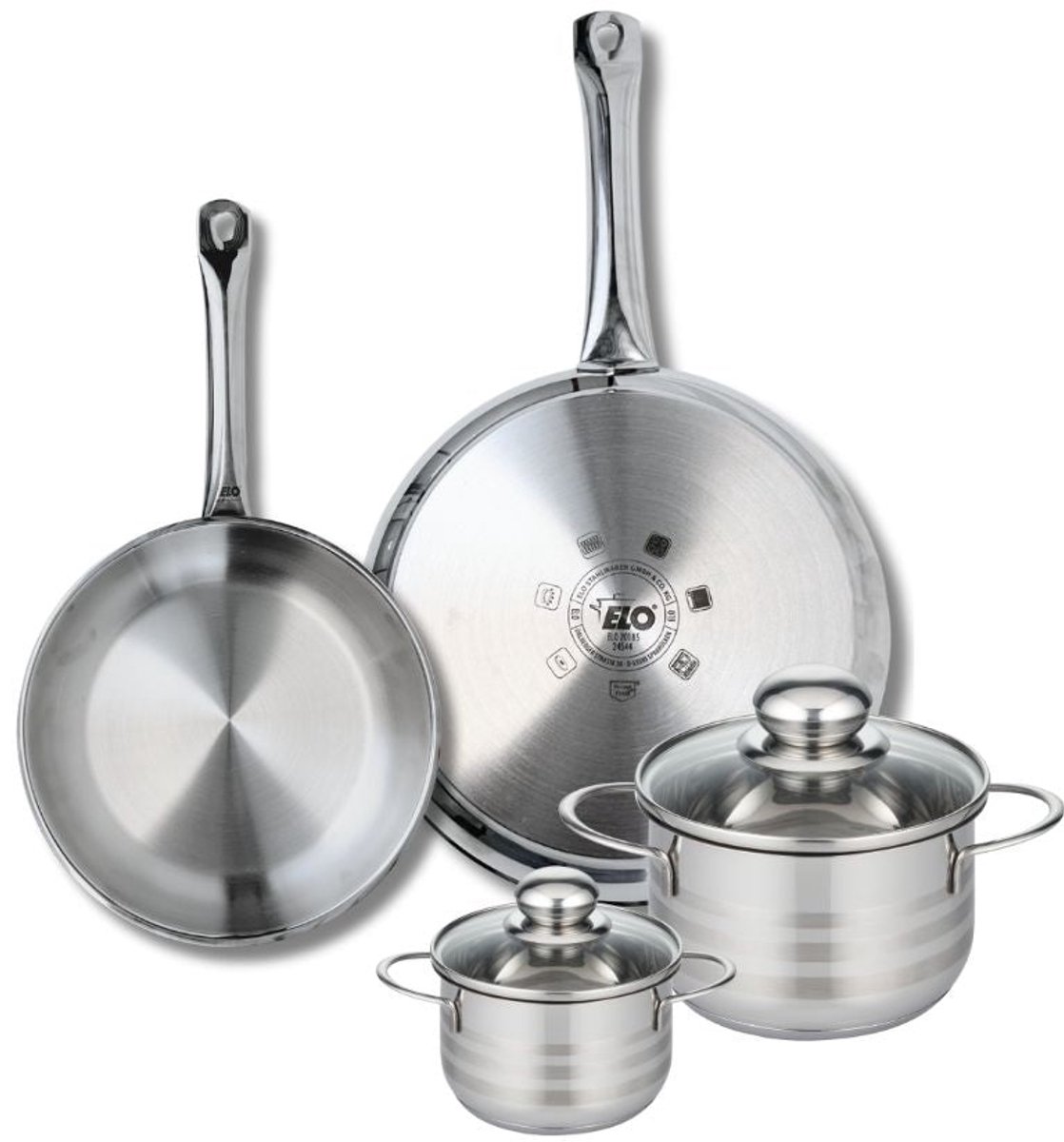 Set van 2 Koekenpannen 24 en 28 cm en 2 kookpotten 12 en 16 cm Elo Profi Brillant
