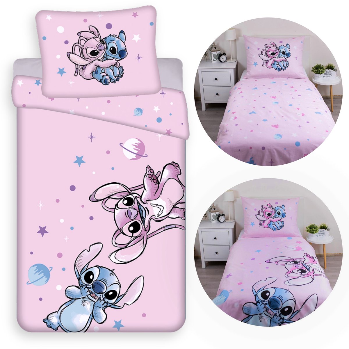 DISNEY Stitch Roze DUBBELZIJDIG, katoenen kinderbeddengoed met ritssluiting, 100% KATOEN 140x200+70x90cm OEKO-TEX