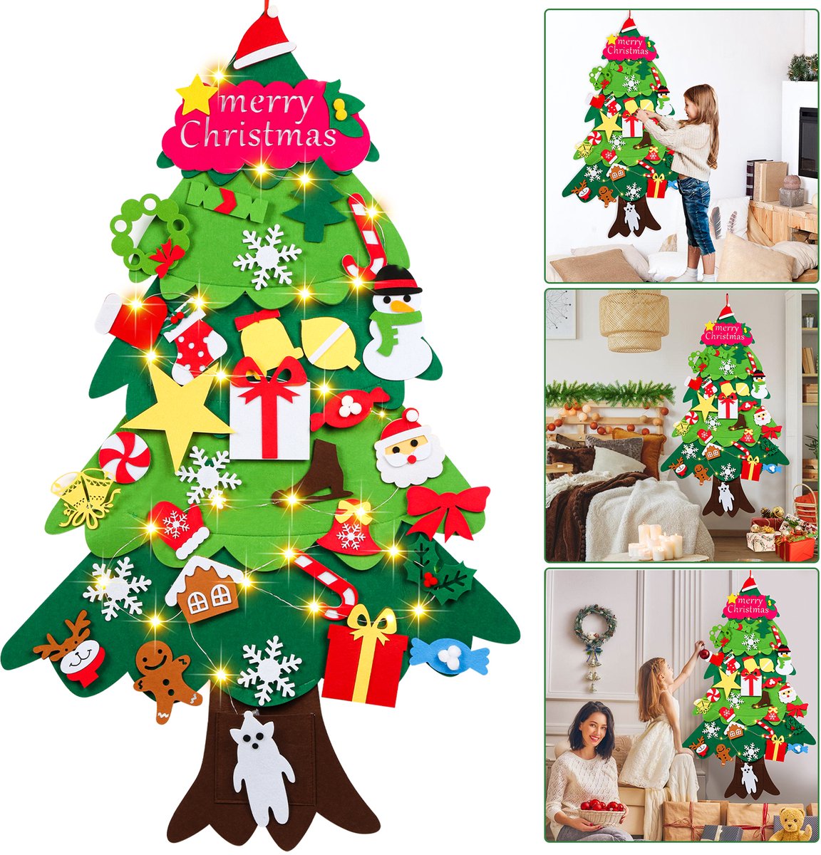 Vilten kerstboom, wandversiering voor de feestdagen, voor op de voordeur, wand, kerstdecoratie, DHZ, vilten kerstboom met 33 stuks afneembare ornamenten, met verlichting