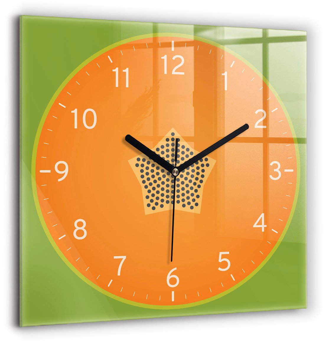Wallfluent Wandklok - Papajafruit Unieke Wandklok - 60 cm x 60 cm - Oranje Wandklok - Zwarte Handen - Wandklok zonder cijfers - Wandklok Glas Woonkamer - Klok met Afbeelding - Moderne Wandklok - Decoratieve Wandklok