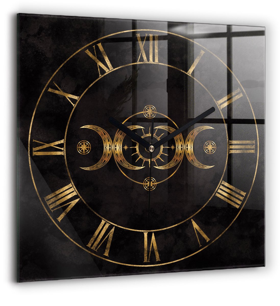 Wallfluent Wandklok - Gouden Romeinse cijfers Decoratieve Wandklok - 60 cm x 60 cm - Zwart Wandklok - Zwarte Handen - Wandklok zonder cijfers - Stille Wandklok Slaapkamer - Klok met Afbeelding - Moderne Wandklok - Klok met Print