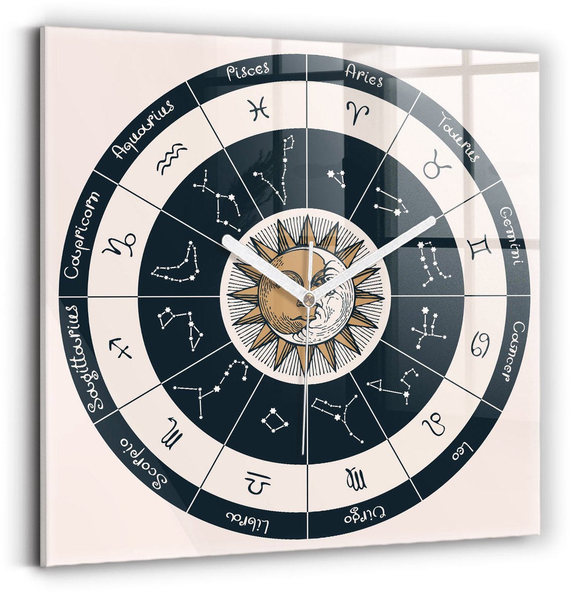 Wallfluent Wandklok - Dierenriemconstellaties Klok als Muurdecoratie - 30 cm x 30 cm - Veelkleurig Wandklok - Witte Handen - Klok zonder getallen - Kinder Wandklok Glas - Klok met Afbeelding - Moderne Wandklok - Stijlvolle Klok