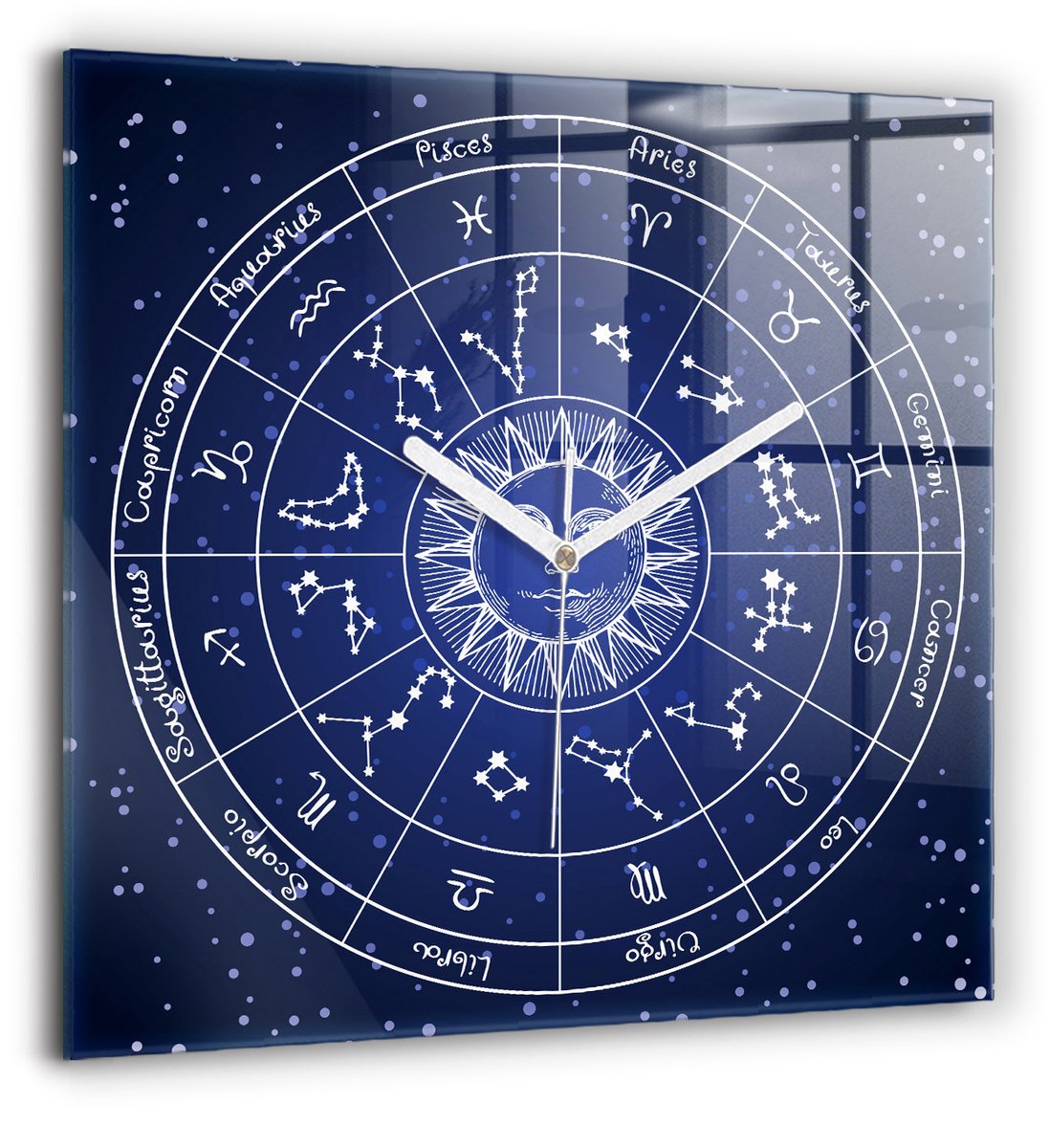 Wallfluent Wandklok - Dierenriemconstellaties Klok als Muurdecoratie - 60 cm x 60 cm - Blauw Wandklok - Witte Handen - Klok zonder getallen - Kinder Wandklok Glas - Klok als Muurdecoratie - Modieuze Klok - Stijlvolle Klok