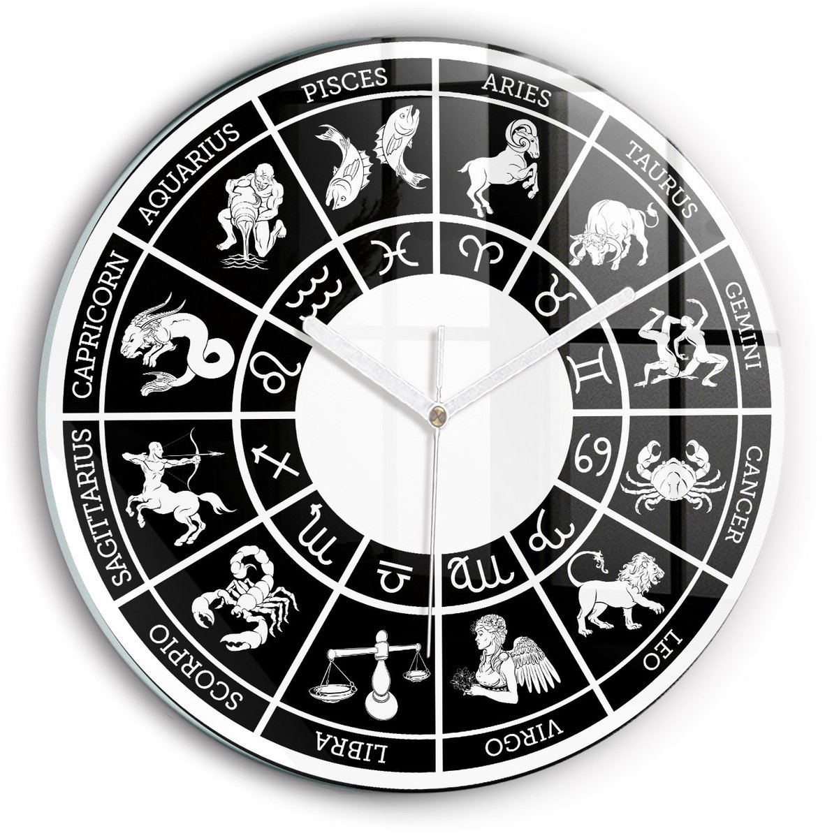 Wallfluent Wandklok - Zodiacaal Klok met Print - 30 cm x 30 cm - Zwart Wandklok - Witte Handen - Wandklok zonder cijfers - Wandklok Glas Woonkamer - Decoratieve Wandklok - Design Wandklok - Unieke Wandklok