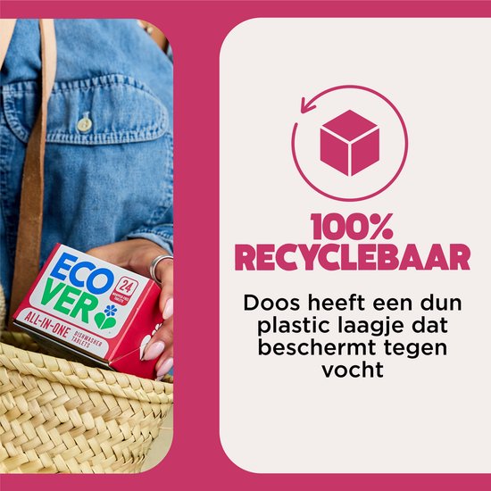 Vrouw met denim jas houdt een pakje Ecover All-in-One vaatwastabletten in een rieten mand. Doos is 100% recyclebaar.