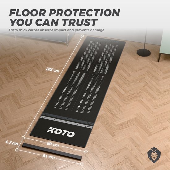 KOTO Oche Carpet Checkout Dart Mat Grijs 285 x 80 cm, Hoogwaardige Dartmat Incl. Verstelbare Oche, Antisliplaag, Werplijnen, Bescherming Vloer & Dartbord van KOTO — afbeelding 3