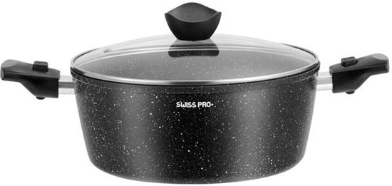 Casserole noire antiadhésive avec couvercle en verre.