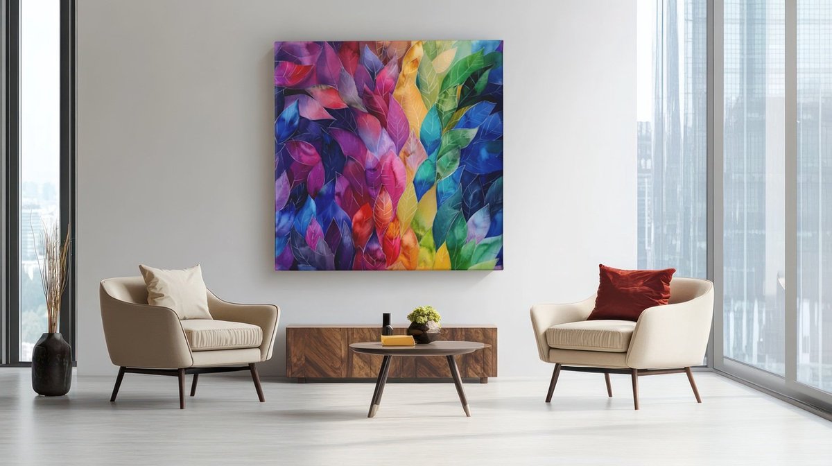 Trendex Global Vierkant Canvas Schilderij - Bladeren - Kleurrijke Kunst - 100x100x2 cm