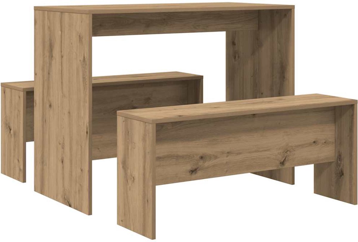 vidaXL 3-delige Eettafel en bankenset bewerkt hout betongrijs, eetkamer set, keuken set, eetkamertafel, keukenset, eettafel, eetkamer tafel